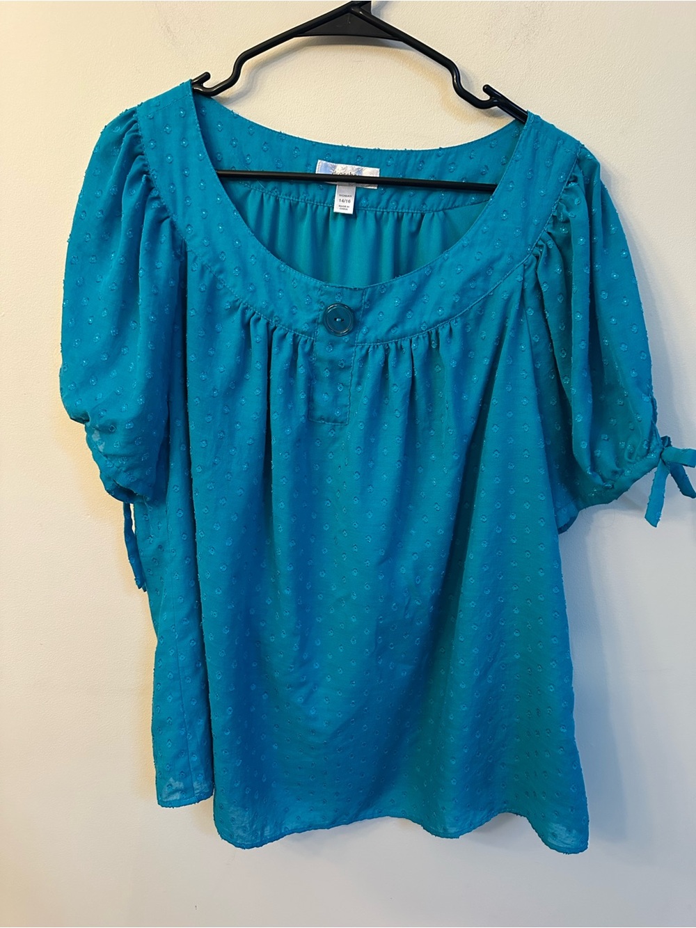 dressbarn Teal Swiss Dot Scoop-Neck Blouse with Tie Sleeves